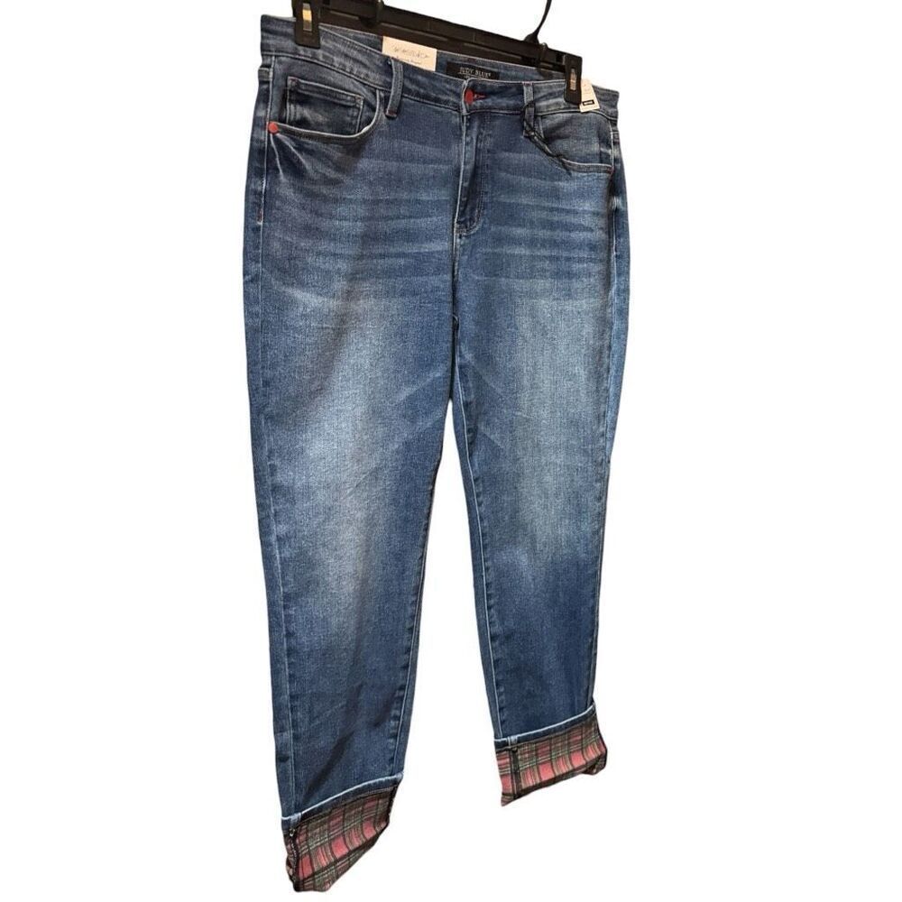 Judy Blue Buffalo Plaid Cuff Straight Leg Jeans Mid Rise Size 13/31 NWT - Picture 14 of 16